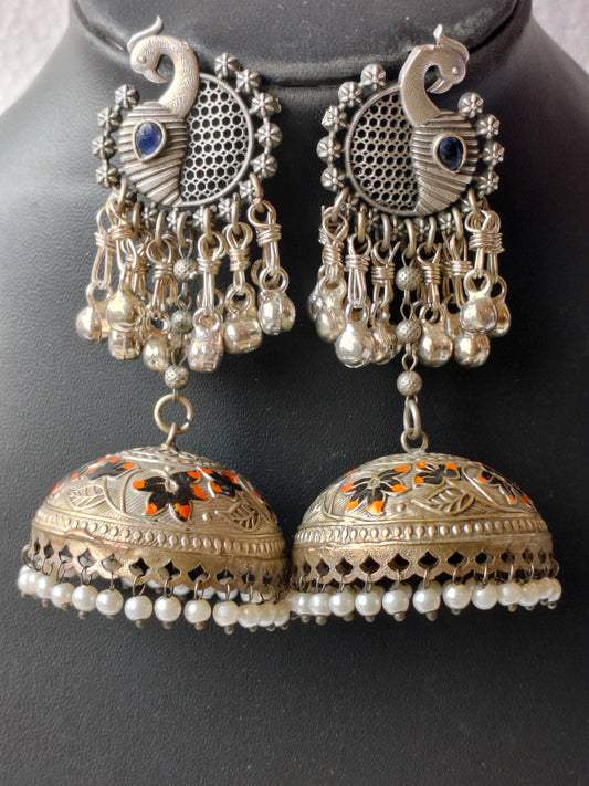Multicolor Mayuri Heritage Silver Jhumkis