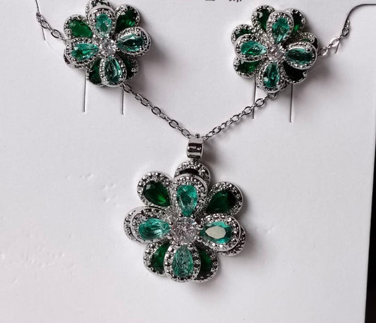 Emerald Green Peony Western Pendant Set