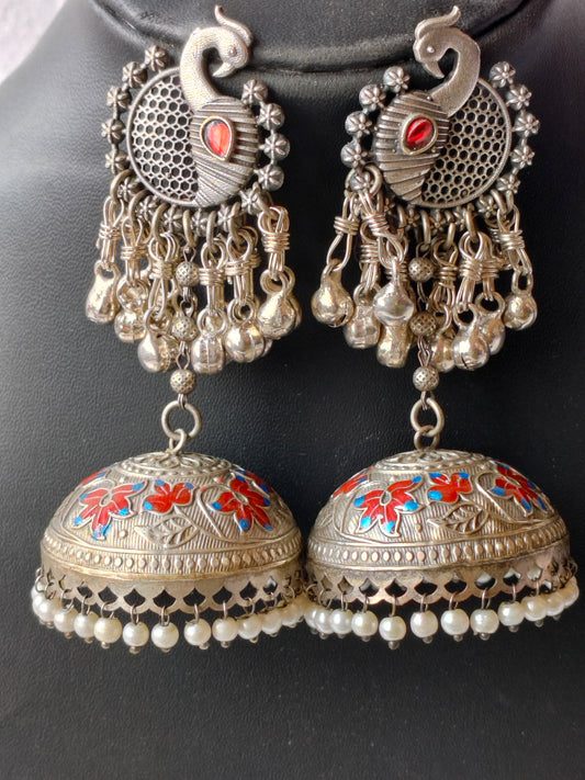 Multicolor Morni Heritage Silver Jhumkis
