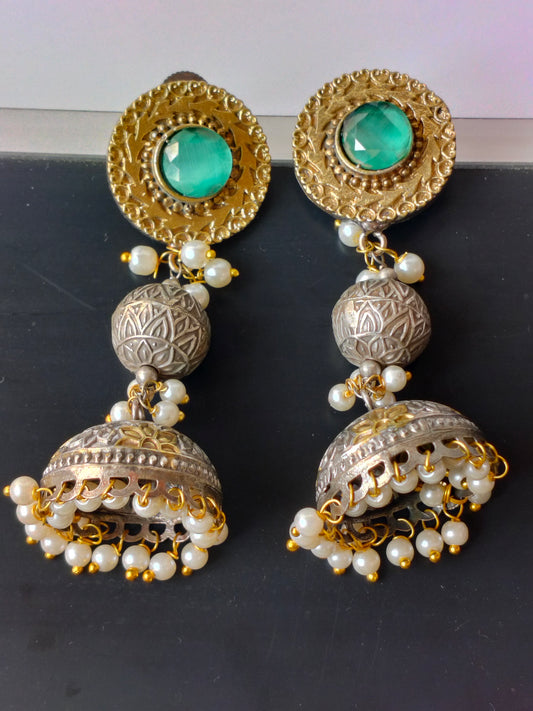 Mint Green Nakashi Heritage Silver Jhumkis