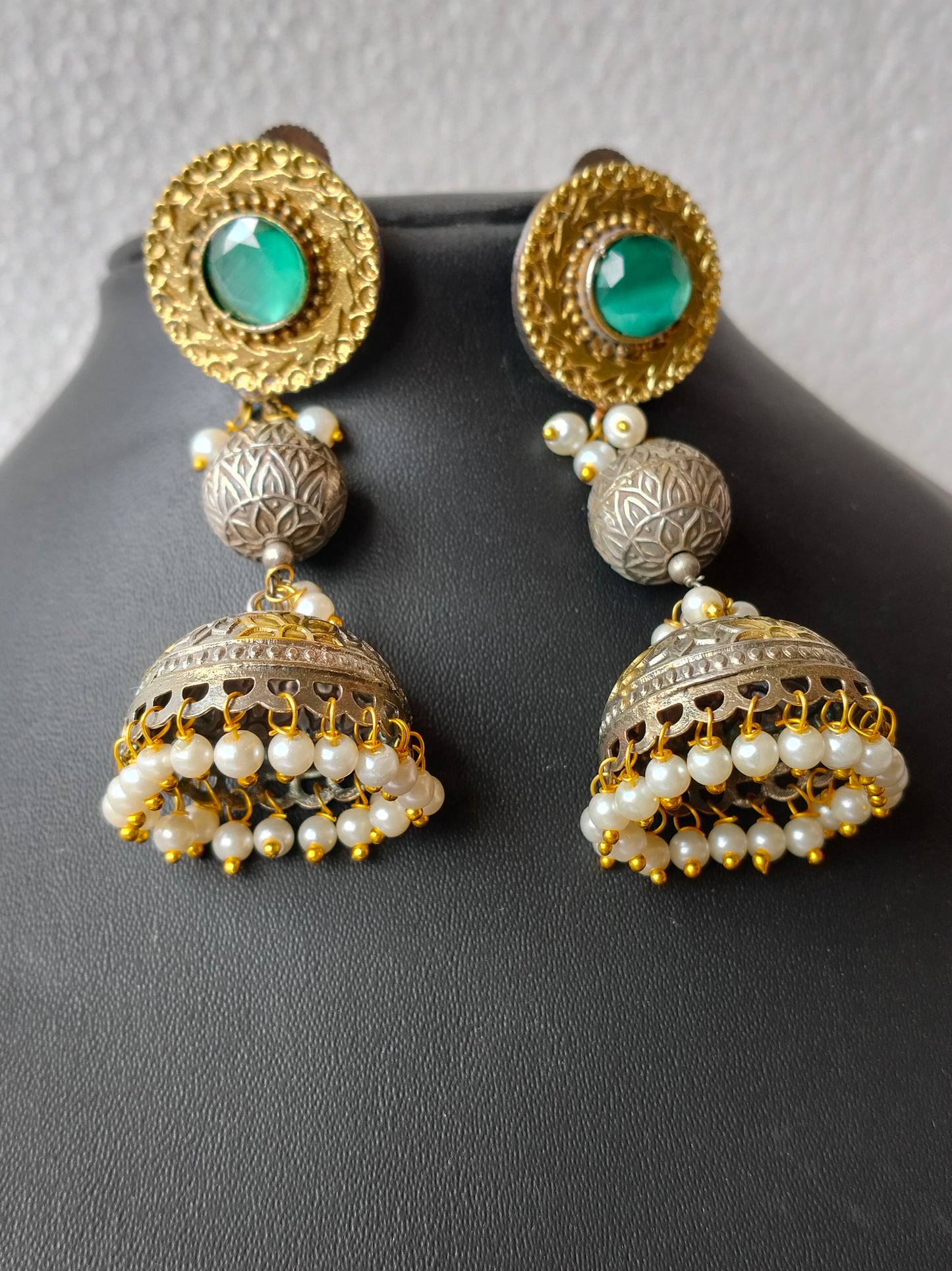 Mint Green Nakashi Heritage Silver Jhumkis