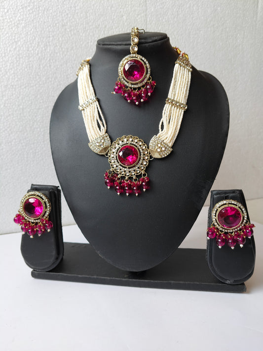Rani Pink Riya Kundan Jewellery Set